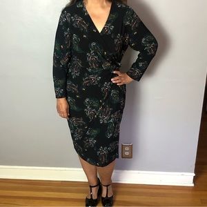 Evan-Picone Black Faux Wrap Floral Print Dress Sz 16